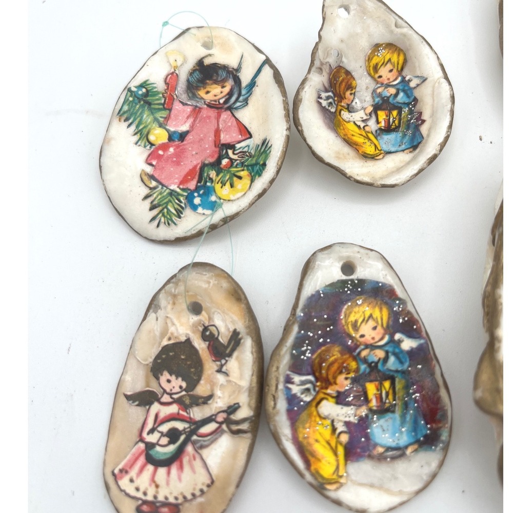Vintage Decoupage Angels Oyster Shell Christmas Ornaments Handmade Kitsch 10 pc - Picture 3 of 6